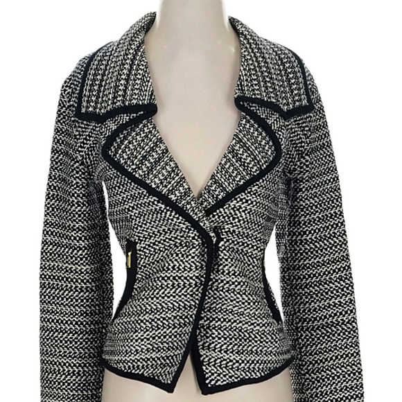 Cache Jackets & Blazers - Cache black and white metallic knit tweed blazer w/gold toned zippers Size Large